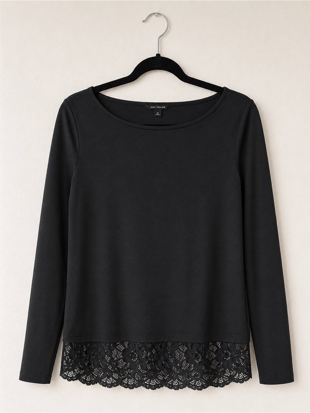 Ann Taylor Black Lace-Hem Long Sleeve Top